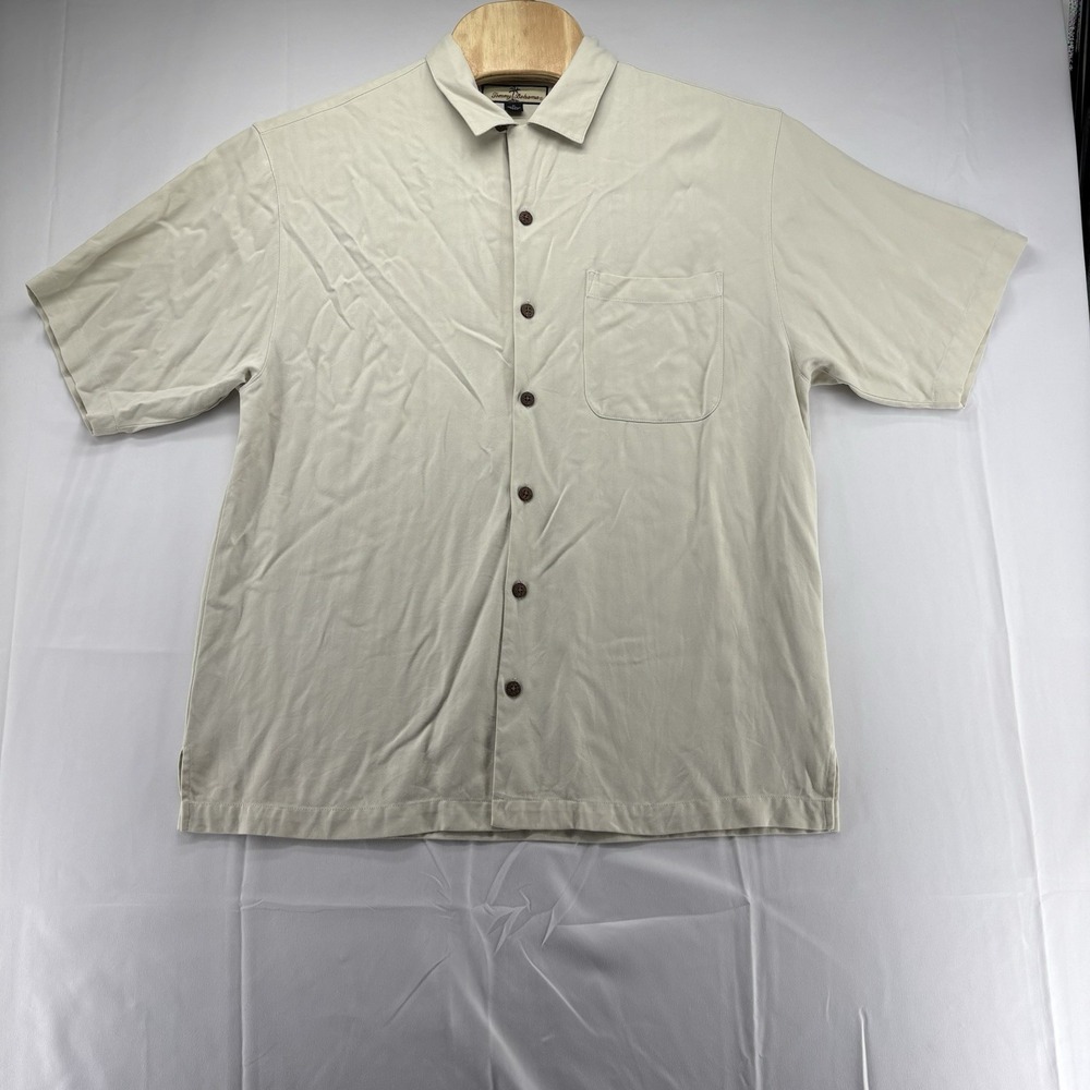 Tommy Bahama Camp Shirt Men's Medium Beige Silk Herringbone Short Sleeve Pocket